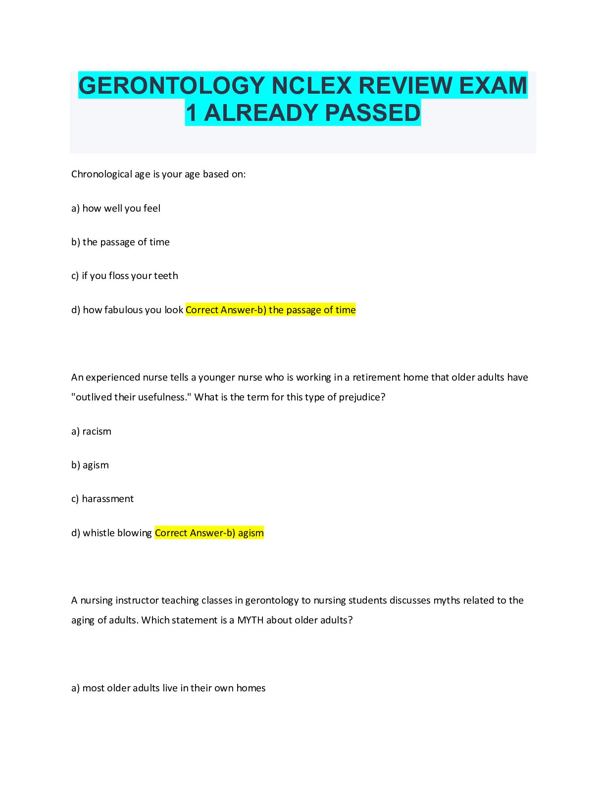 Preview image for GERONTOLOGY NCLEX REVIEW EXAM 1 ALREADY PASSED